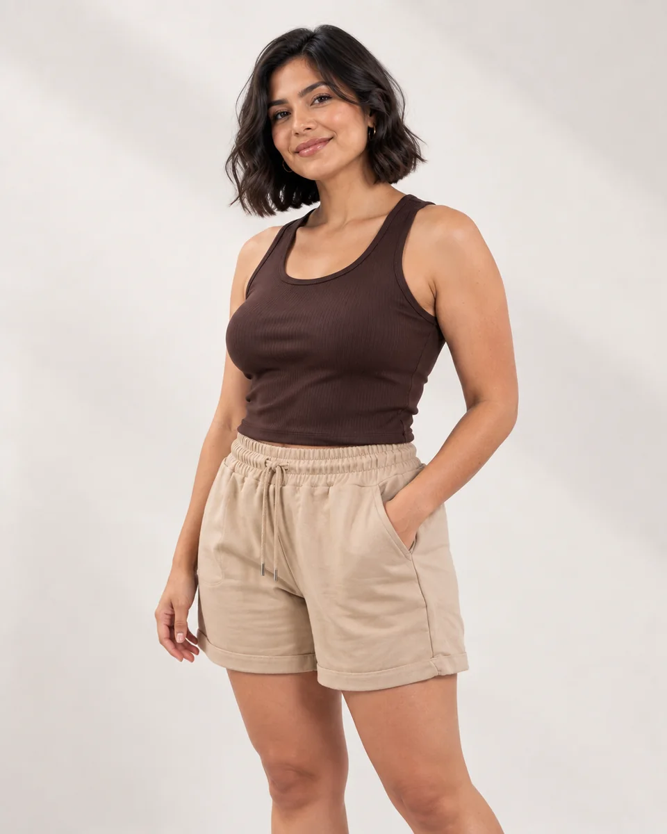Imagen editorial generada: mujer de cabello corto con top marrón y short beige.